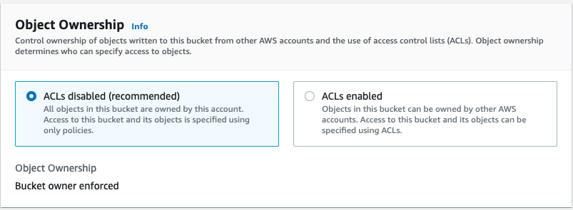Options for selecting S3 object ownership settings in AWS Console